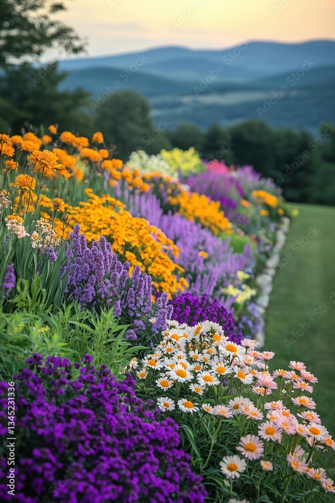 Obraz premium Beautiful flower garden with a beautiful mix of flowers and vibrant colors in a valley in the mountains