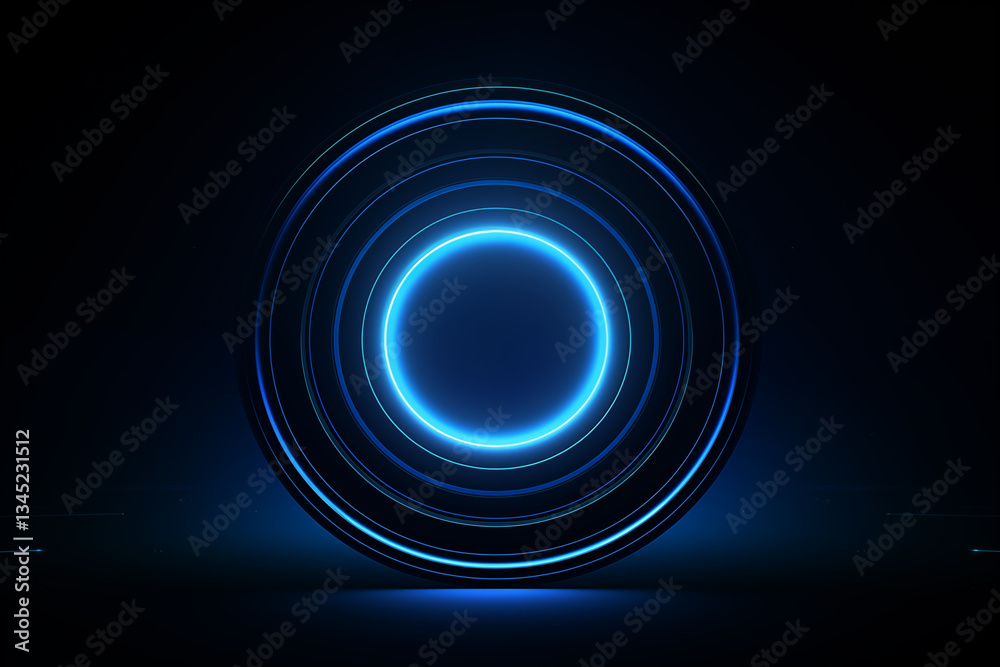 Obraz premium Glowing blue concentric circles with a bright, illuminated center set against a dark futuristic backdrop. 