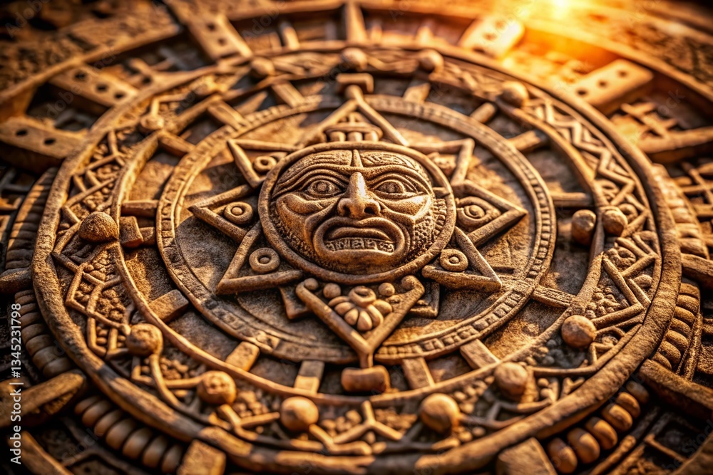 Aztec Sun Stone Close-Up: Intricate Carving Details of Ancient Mexican Calendar Stone Aztec Sun Stone Close-Up: Intricate Carving Details of Ancient Mexican Calendar Stone