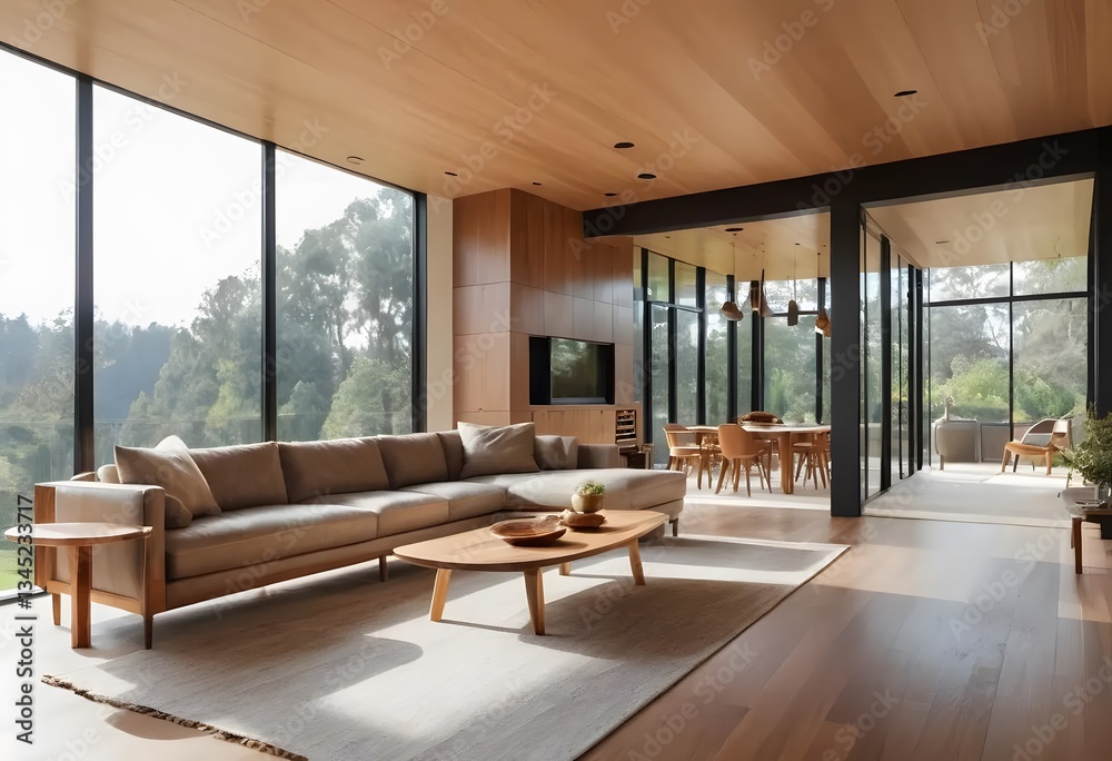 Fototapeta premium Modern Interior with a View: A beautifully designed modern interior with floor-to-ceiling windows offers stunning views of the surrounding nature, creating a sense of openness and tranquility.