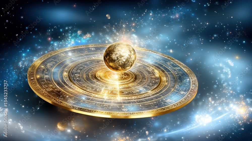 Celestial sphere with golden orb and zodiac symbols in cosmic space Celestial sphere with golden orb and zodiac symbols in cosmic space