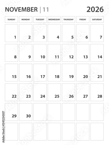 November 2026 year planner template. calendar 2026 year. Black and white monthly and yearly planners. Business planner minimal concept. Desk calendar 2026 year. Week Starts on Sunday, wall calendar.