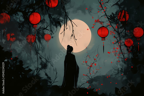 Moonlit Reverie: A lone figure stands serene beneath the soft glow of a full moon, surrounded by the enchanting ambiance of red lanterns and blooming blossoms. photo