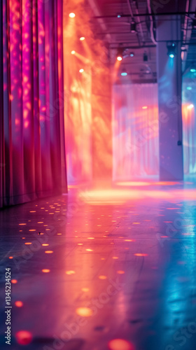 Vibrant lights illuminate spacious venue  creating colorful atmosphere with reflections on floor  perfect for events or gatherings
