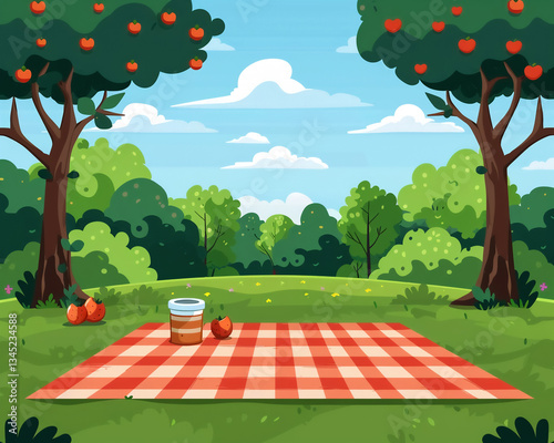 vibrant picnic scene featuring red and white checkered blanket on lush green grass, surrounded by trees with apples and clear blue sky