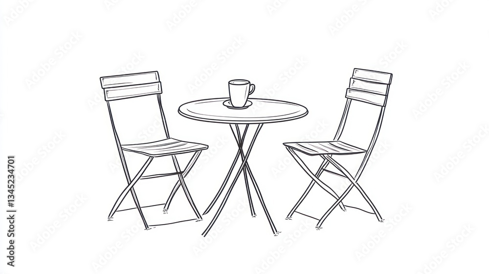 Outdoor cafe table and chairs sketch, simple line art, suitable for website, graphic design, or print media Outdoor cafe table and chairs sketch, simple line art, suitable for website, graphic design, or print media