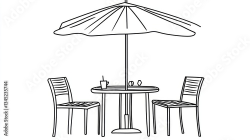 Outdoor cafe table and chairs under umbrella