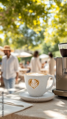 Cappuccino for Outdoor Cafe, Sunny Day, Relaxation.
