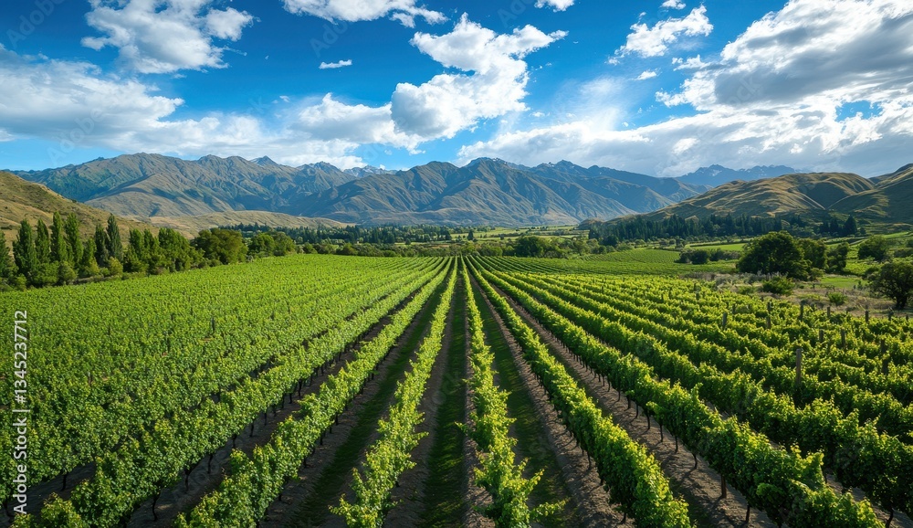 Lush Vineyard Rows with Mountain Backdrop Under a Bright Blue Sky and Fluffy White Clouds in a Picturesque Landscape Lush Vineyard Rows with Mountain Backdrop Under a Bright Blue Sky and Fluffy White Clouds in a Picturesque Landscape