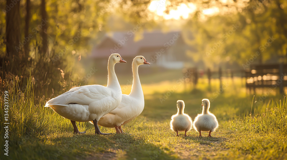 Obraz premium Charming Country Goose Family Living in a Serene Rural Setting