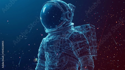 3D illustration of astronaut with technological wireframe