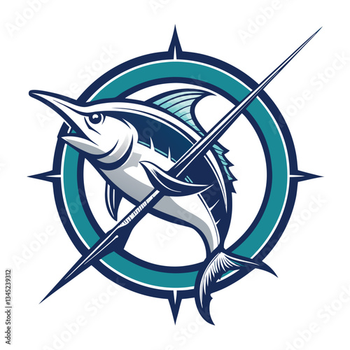 Vintage Marlin Fishing Badge with Crossed Fishing Rods Logo Graphic