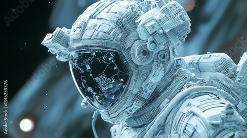 3D illustration of astronaut with technological wireframe