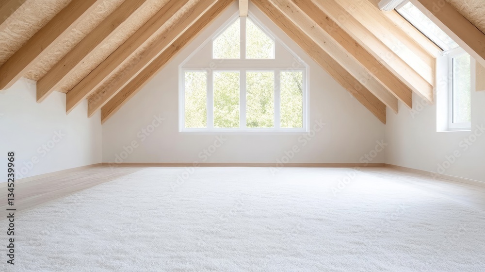 Fototapeta premium Empty, bright attic room with wooden beams and large window