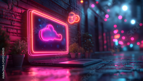 Neon Cloud Computing Laptop Cyberpunk Digital Design