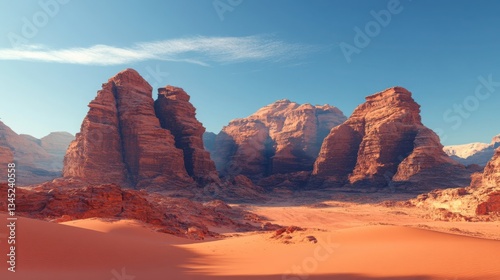 A surreal desert landscape with towering red rock formations under a clear blue sky.