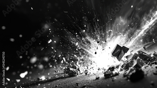 A bolt under extreme pressure, fracturing with tiny shards of metal flying in all directions, bright sparks bursting from the point of failure