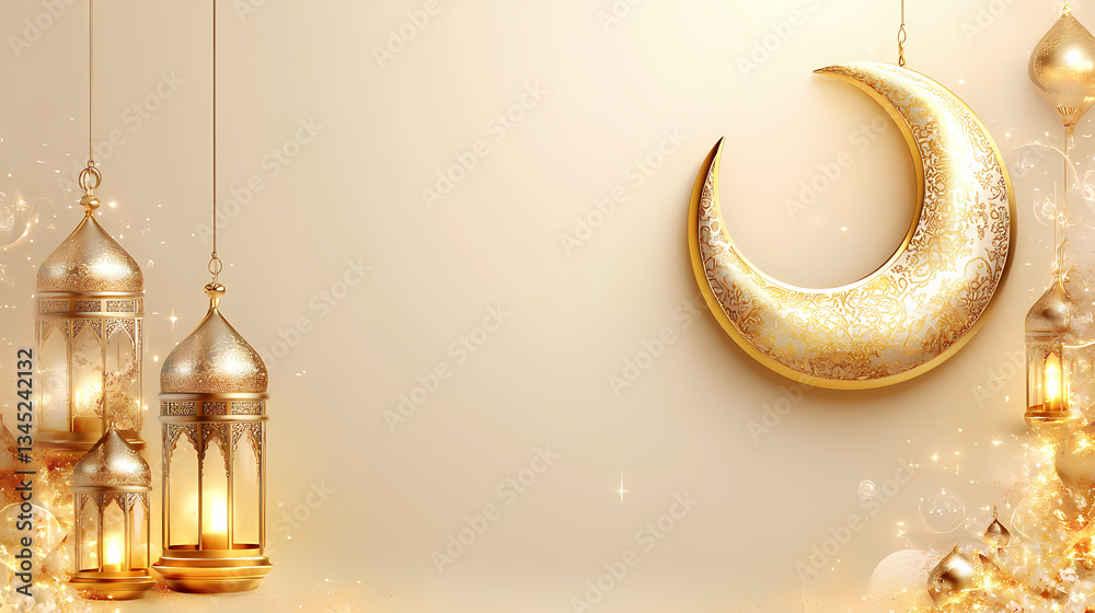 Golden Lanterns and Crescent Moon: A festive display of shimmering gold lanterns and a crescent moon create an atmosphere of celebration, light and warmth. Golden Lanterns and Crescent Moon: A festive display of shimmering gold lanterns and a crescent moon create an atmosphere of celebration, light and warmth.