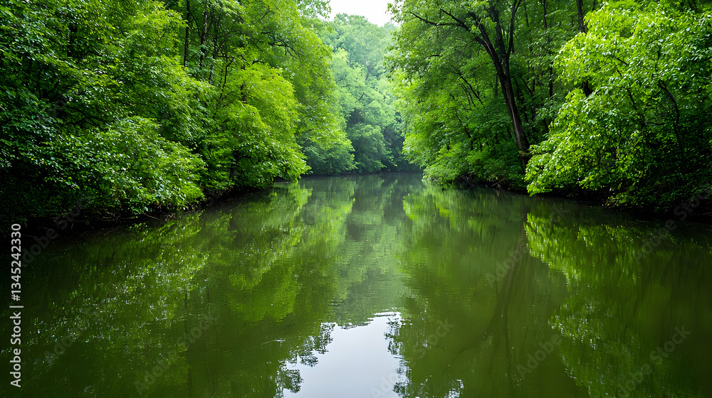 Green Waterway Through Dense Lush Forest Reflecting Canopy Sunlight in Tropical Environment Green Waterway Through Dense Lush Forest Reflecting Canopy Sunlight in Tropical Environment