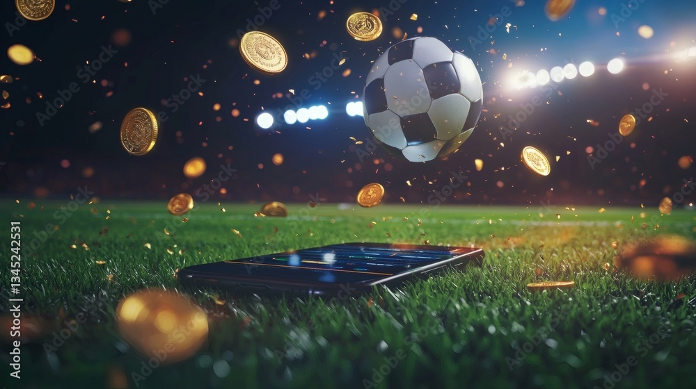 Naklejka premium Smartphone on Grass Field with Soccer Ball and Floating Coins