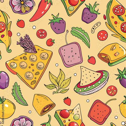 Hand-Drawn Sketch of Mexican Food Set with Peppers, Tortillas, and Avocado