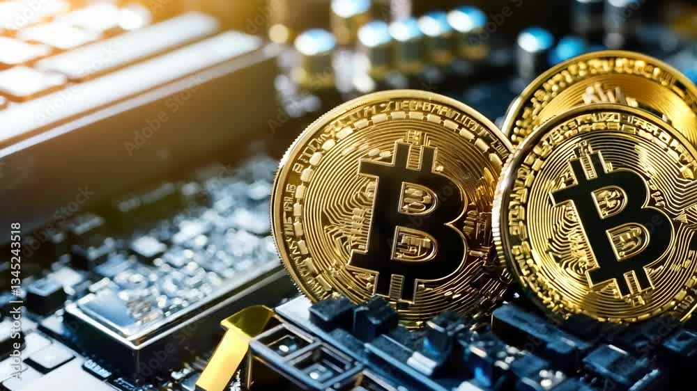 Bitcoin coins placed on a computer motherboard during a cryptocurrency mining session