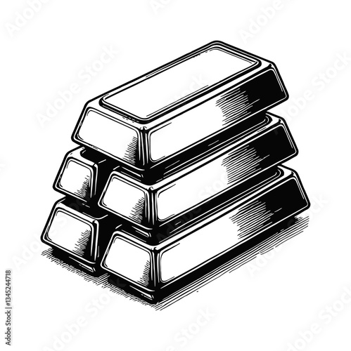Illustration Stack of Four Gold Bars in Detailed Black and White Drawing with Shadow on White