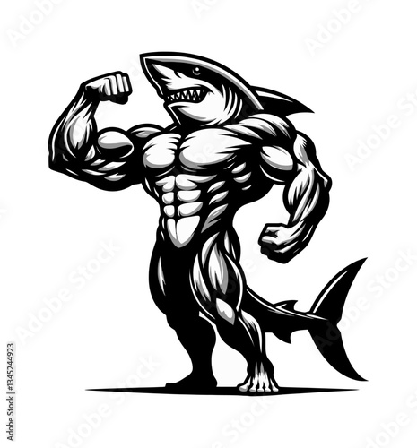 Muscular shark flexing muscles in black and white drawing, a fierce and powerful predator.