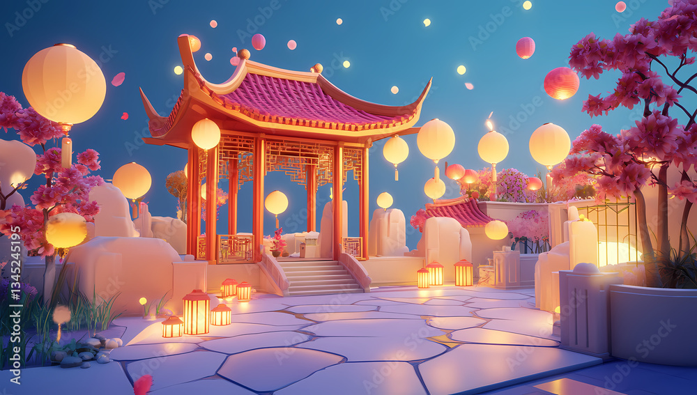 Fototapeta premium Lanterns of Tranquility: A stylized illustration showcases a serene oriental pavilion illuminated by glowing lanterns, set against a vibrant twilight sky and lush, blossoming flora.