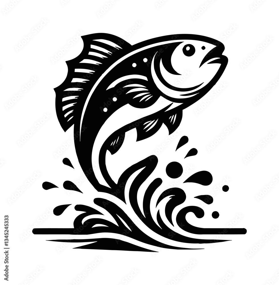 Fish Leaping Out of Water with Splash in Black and White Vector Illustration Graphic Fish Leaping Out of Water with Splash in Black and White Vector Illustration Graphic