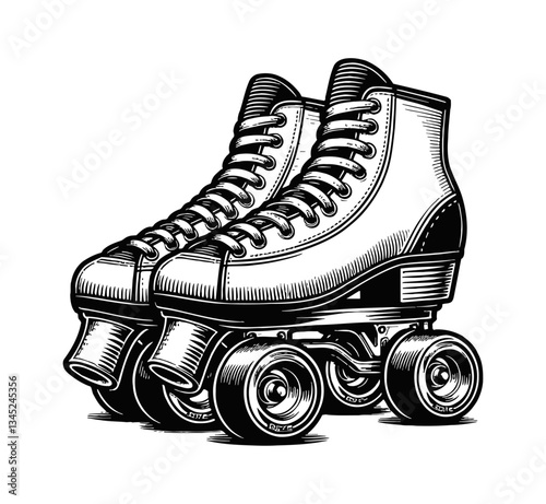 Pair of roller skates illustration with detailed line art in black and white color