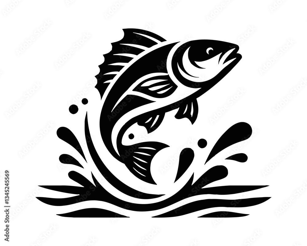 Fototapeta premium Fish Leaping from Water with Splash in Black and White Vector Graphic Art Simple Flat Design