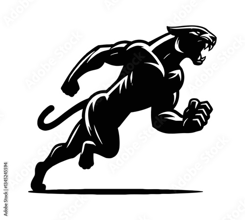 Black panther in running pose, with clenched fist and open mouth, isolated on white background