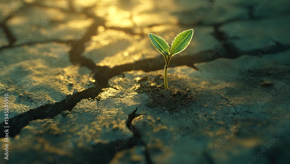 A small sprout emerges from cracked, dry earth at sunset. A small sprout emerges from cracked, dry earth at sunset.
