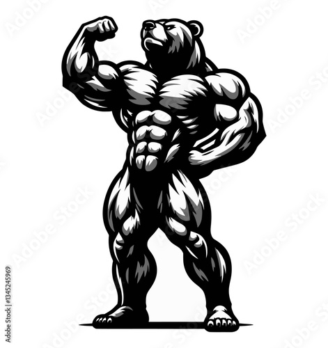 Standing Bear Bodybuilder Flexing Bicep Showing Muscle in Black and White Vector Illustration