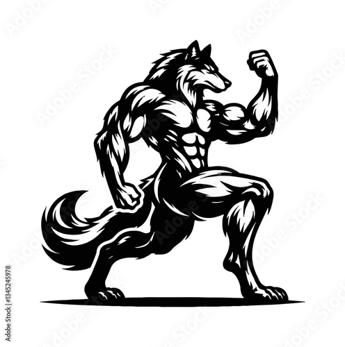 Wolf Standing with Muscle Body and One Arm Raised in Black and White Silhouette Vector