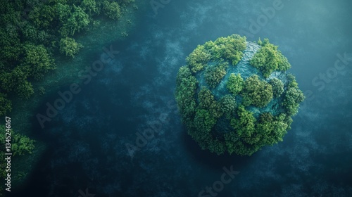 A Lush Green Planet Floating in a Mystical Deep Blue Abyss