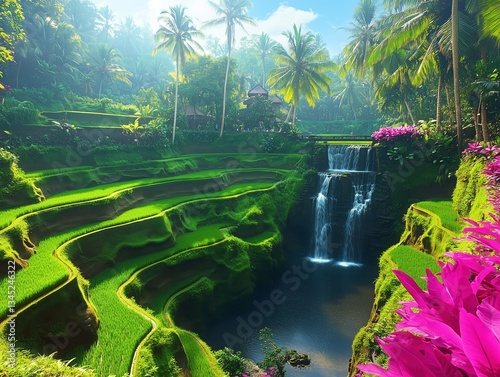 A lush green forest with a waterfall and a pink flower. The waterfall is flowing into a pond. The scene is serene and peaceful
