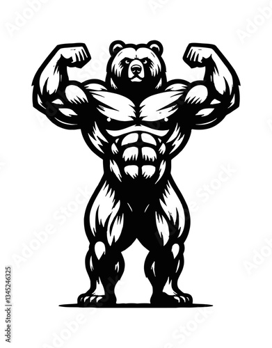 Muscular bear raising arms in a powerful pose with a strong expression in monochrome illustration style