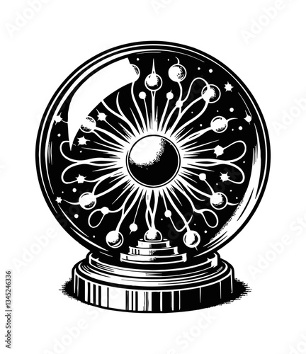 Monochrome Illustration of a Crystal Ball with Energy Sparks and Glowing Orbs on a Decorative Stand