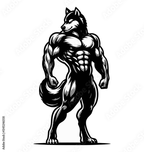 Muscular wolf stand sideways with strong muscle in detailed black and white illustration vector