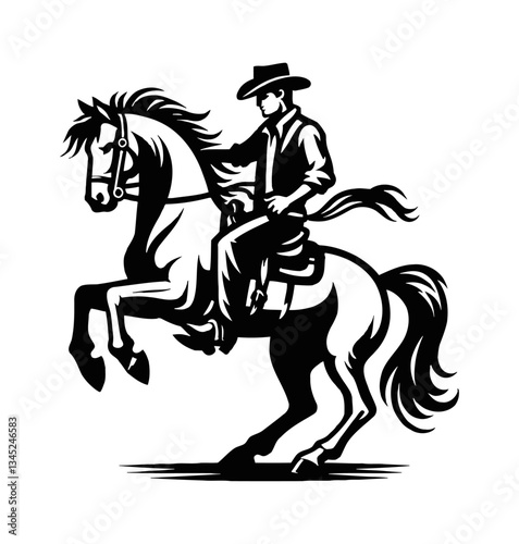 Cowboy Riding Horse rearing up on Hind Legs silhouette. Vector illustration in black and white.
