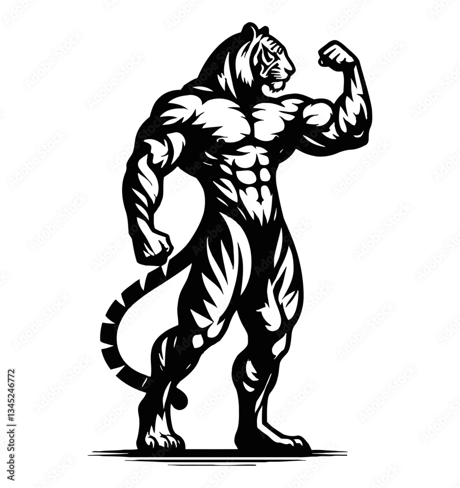Tiger Standing and Flexing Bicep with Muscular Body in Black and White Silhouette Line Art Drawing Tiger Standing and Flexing Bicep with Muscular Body in Black and White Silhouette Line Art Drawing