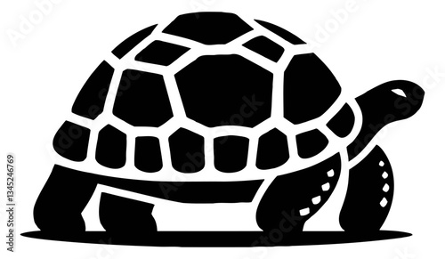 Turtle Silhouette Crawling on Ground with Detailed Shell and Legs in Black and White Isolated