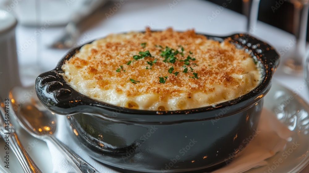 A bowl of creamy mac and cheese with crispy breadcrumbs on top. A bowl of creamy mac and cheese with crispy breadcrumbs on top.