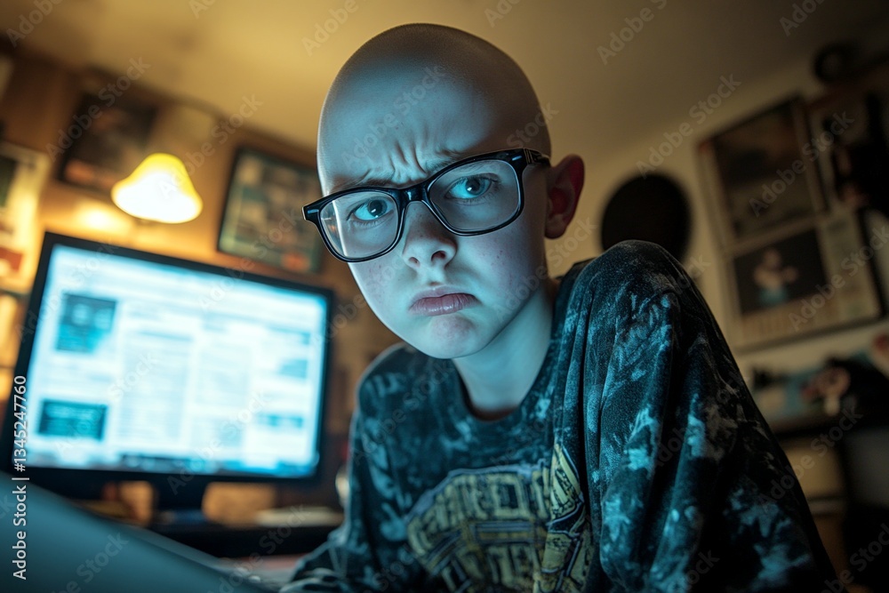 Nerd caucasian adolescent boy in , infographics reflections in his glasses. Game developer looks very irritated at the screen in dark it infrastructure. Creative of it. Man in server room. Nerd caucasian adolescent boy in , infographics reflections in his glasses. Game developer looks very irritated at the screen in dark it infrastructure. Creative of it. Man in server room.