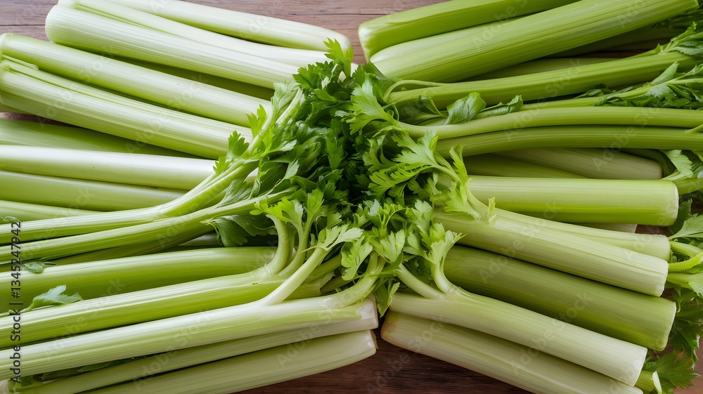 Fresh green celery stalks arranged on a wooden surface ready for cooking or snacking Fresh green celery stalks arranged on a wooden surface ready for cooking or snacking