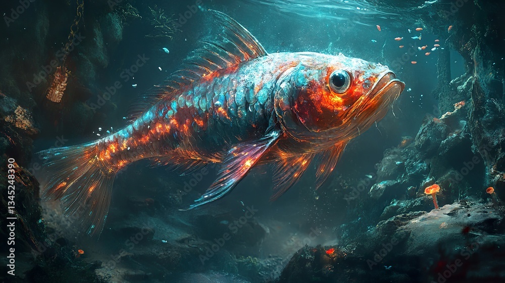 Naklejka premium An underwater depiction of a glowing fish swimming gracefully