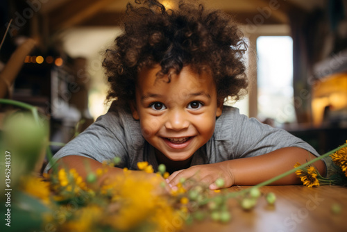  A joyful toddler boy of mixed race happily crawls around the sitting room