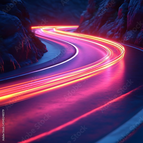 Night road, curves, light trails, mountains, speed, abstract, motion, travel, digital art, website banner